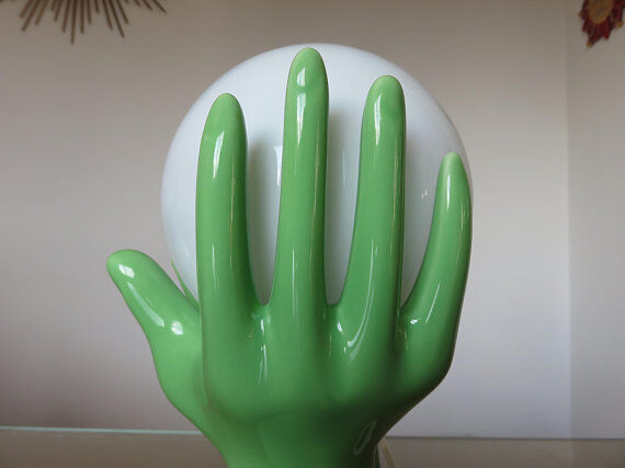 Hand green ceramic lamp and opaline white years 70