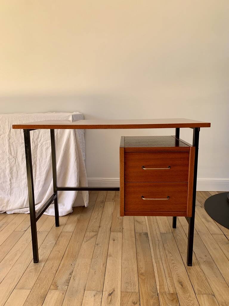 lacquered wood desk and black steel legs design from the 60s and 70s