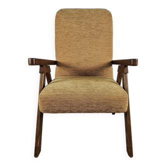 Fauteuil inclinable en bois et tissu des années 70