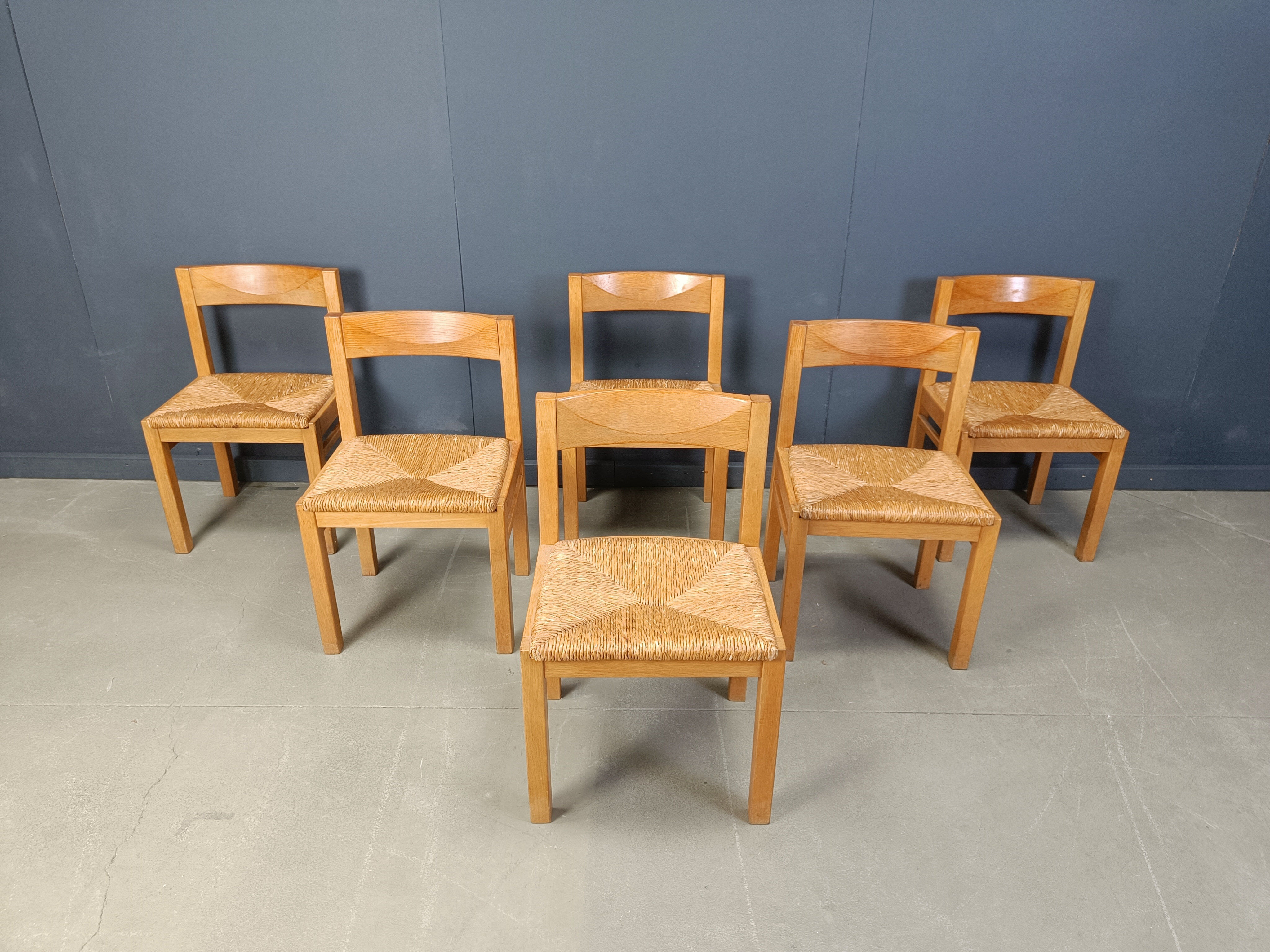 Vintage oak and wicker dining chairs, 1960s