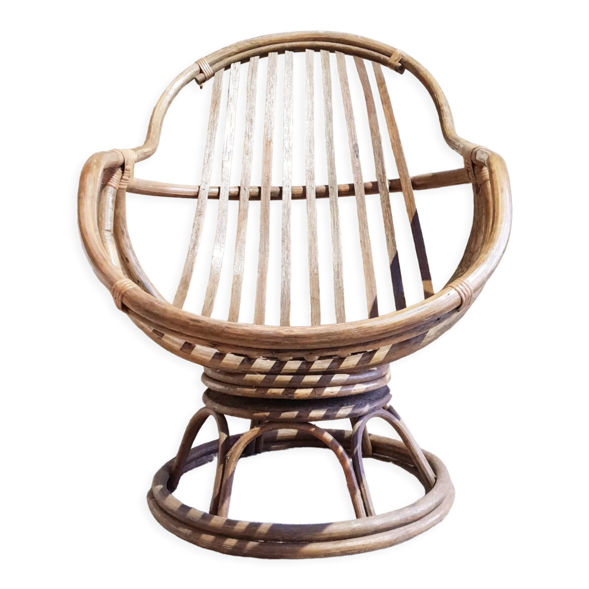Antique swivel rattan armchair