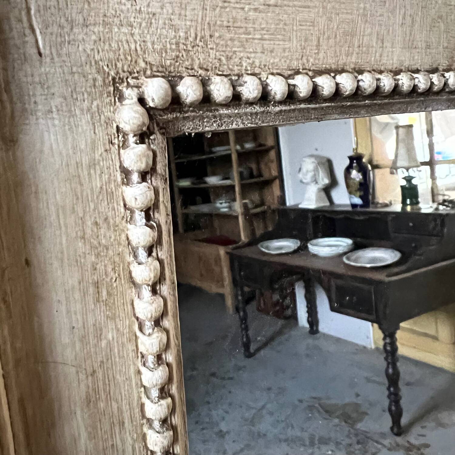 Mirror frame in white painted patinated wood