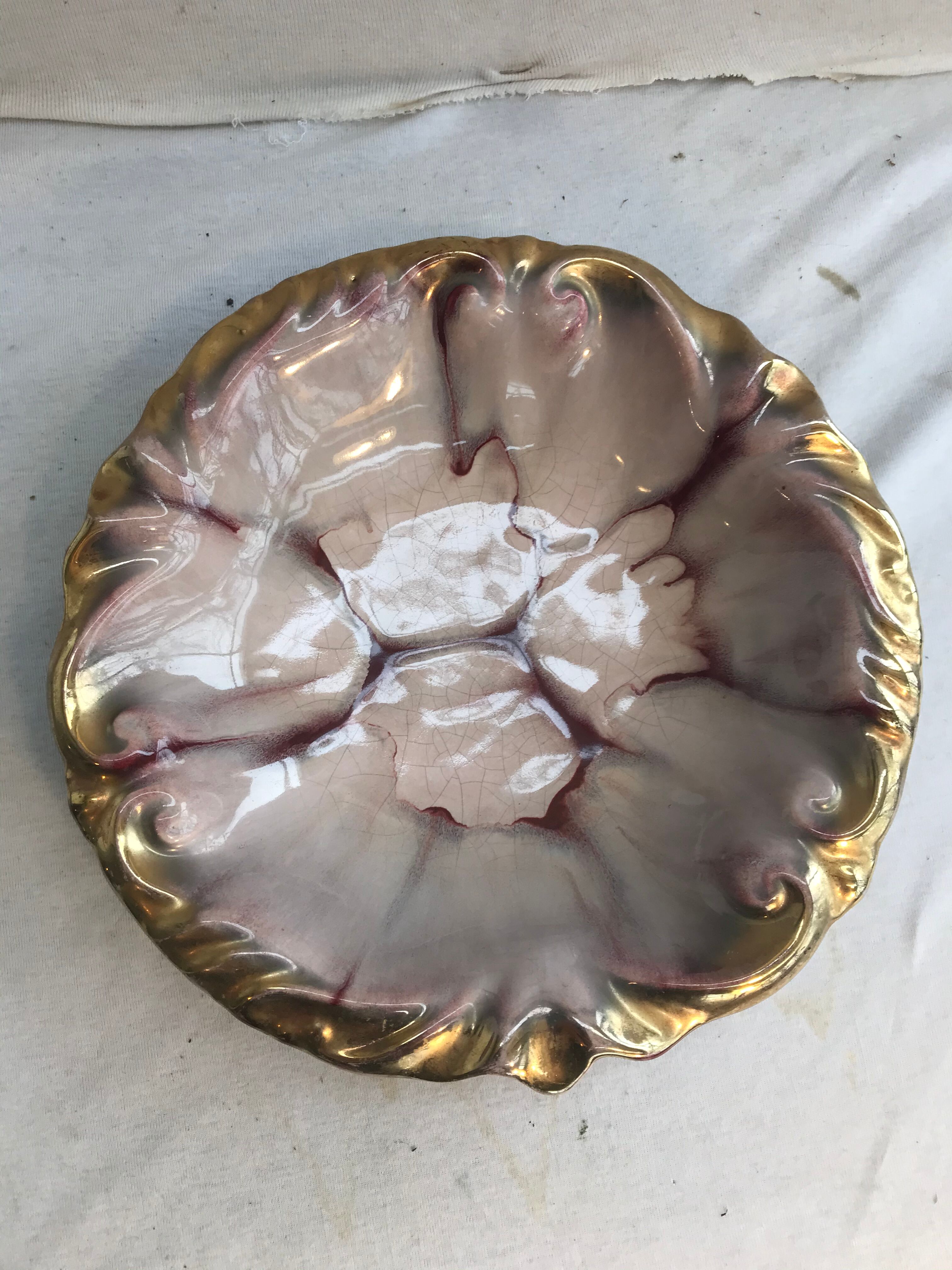 Ancien centre de table en céramique rouge,  rose et doré vintage
