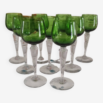 Set of 9 unstamped Saint-Louis wine glasses drinking Chartreuse green