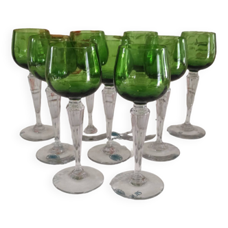 Set of 9 unstamped Saint-Louis wine glasses drinking Chartreuse green