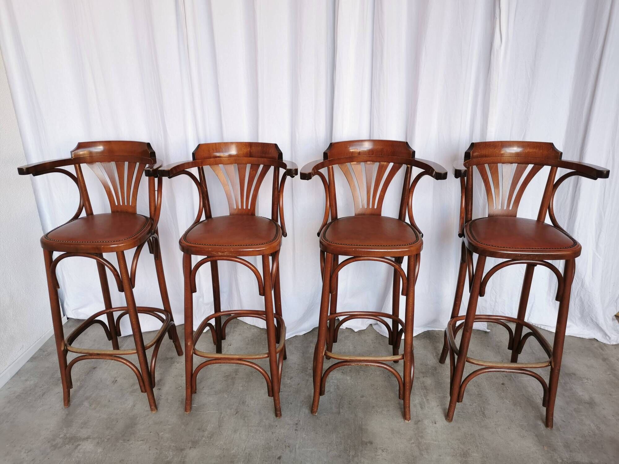 Set of 4 Vintage Bentwood Bar Stools, Brown Leather Seat, Nailhead Trim