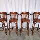 Set of 4 Vintage Bentwood Bar Stools, Brown Leather Seat, Nailhead Trim
