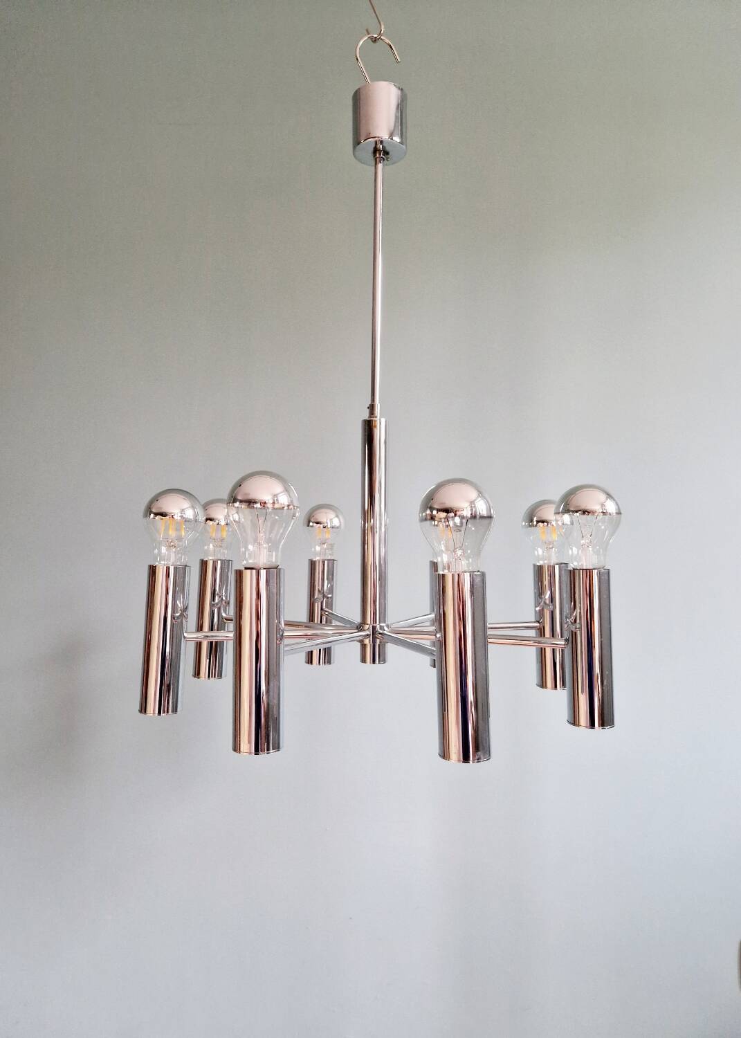 Space Age tubular chrome metal chandelier, 1970s