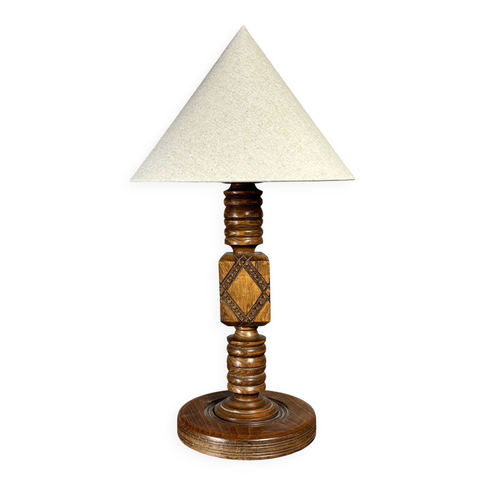 Midcentury brutalist wood turned table lamp in the style of Charles Dudouyt