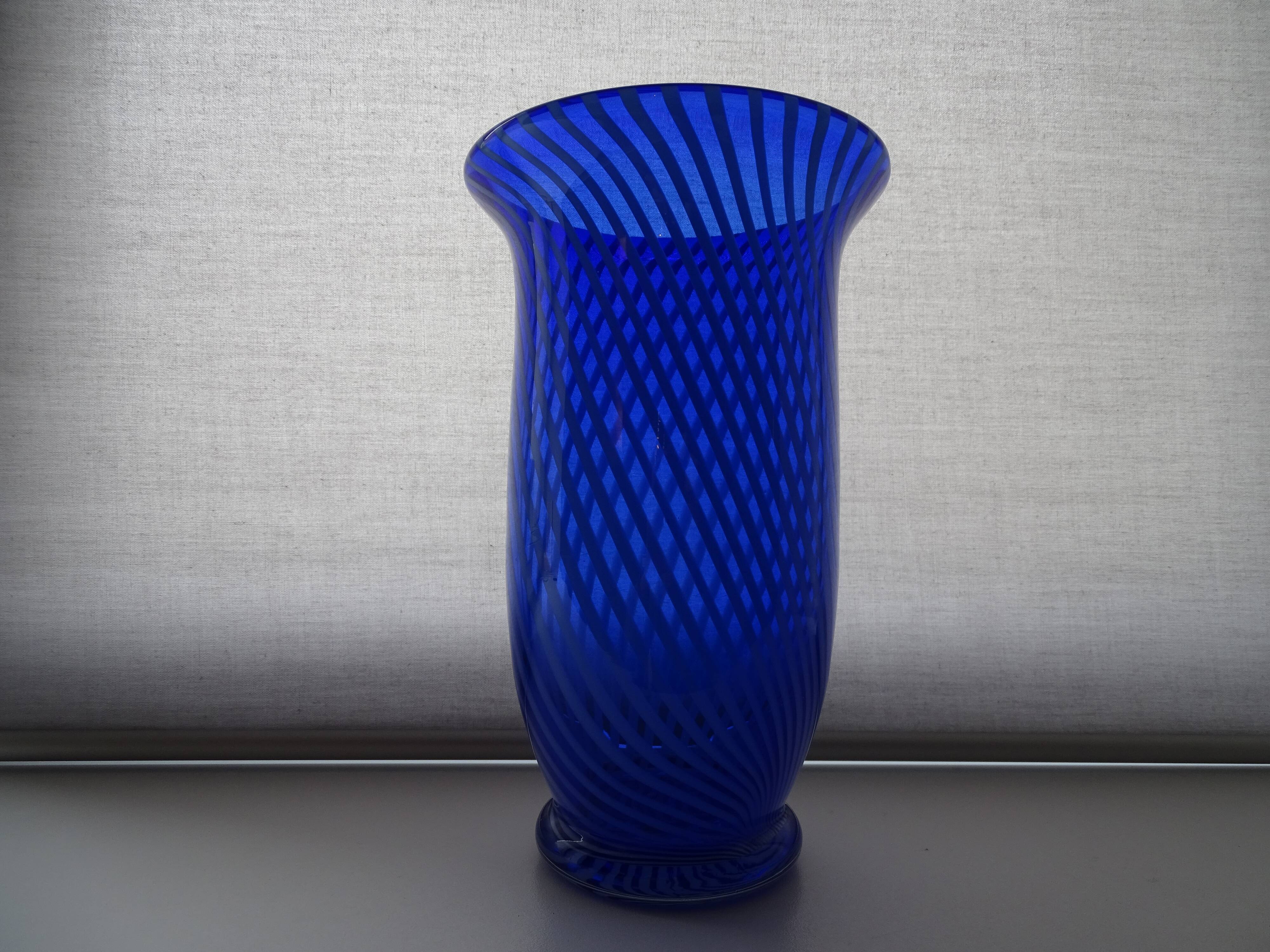 Murano spiral cobalt blue blown glass vase