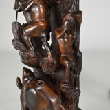 African carved ebony lamp, "Hunters, buffalo and crocodile"