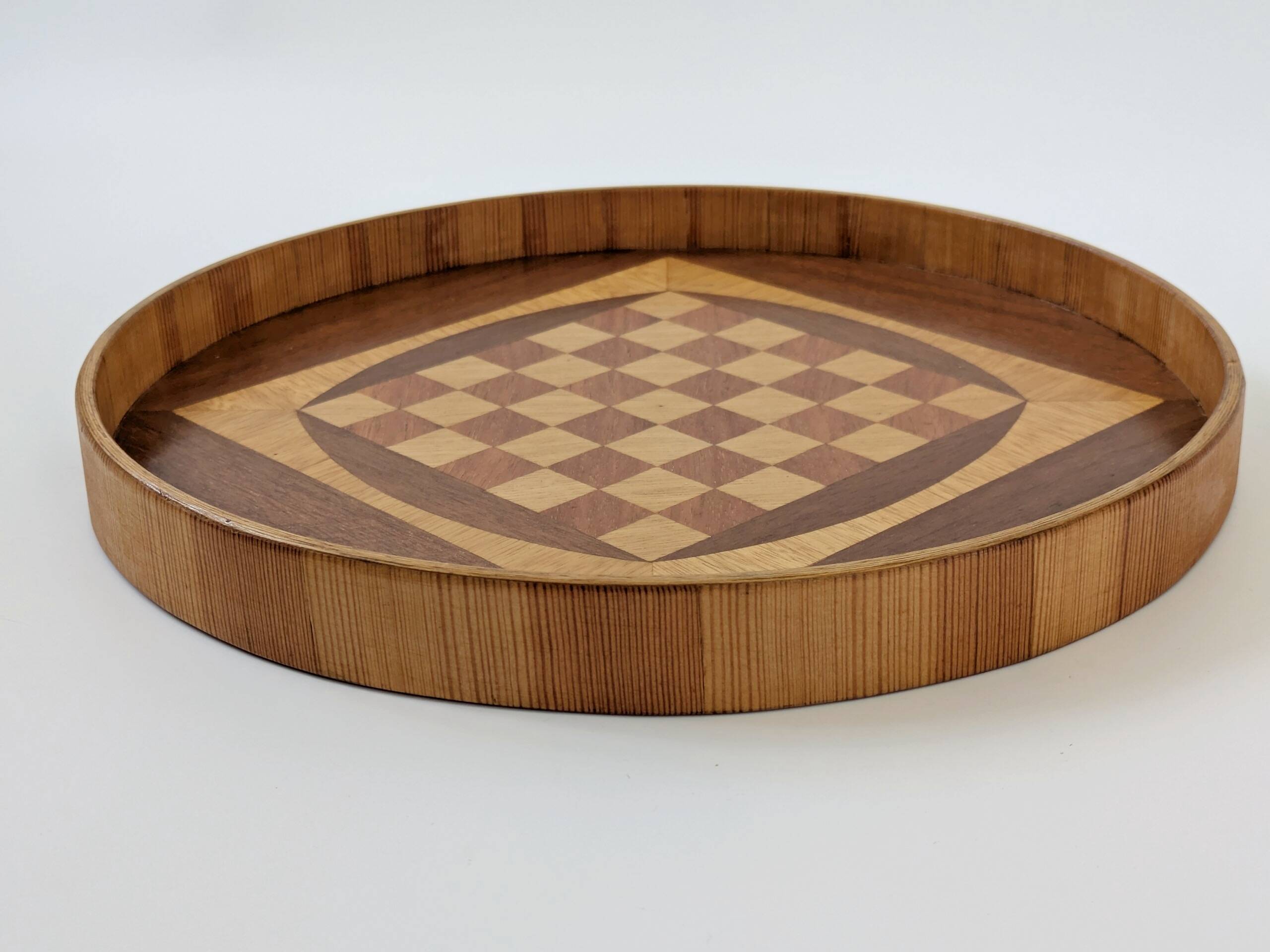 Round checkered tray in marquetry wood, vintage design from the 60s