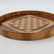 Round checkered tray in marquetry wood, vintage design from the 60s