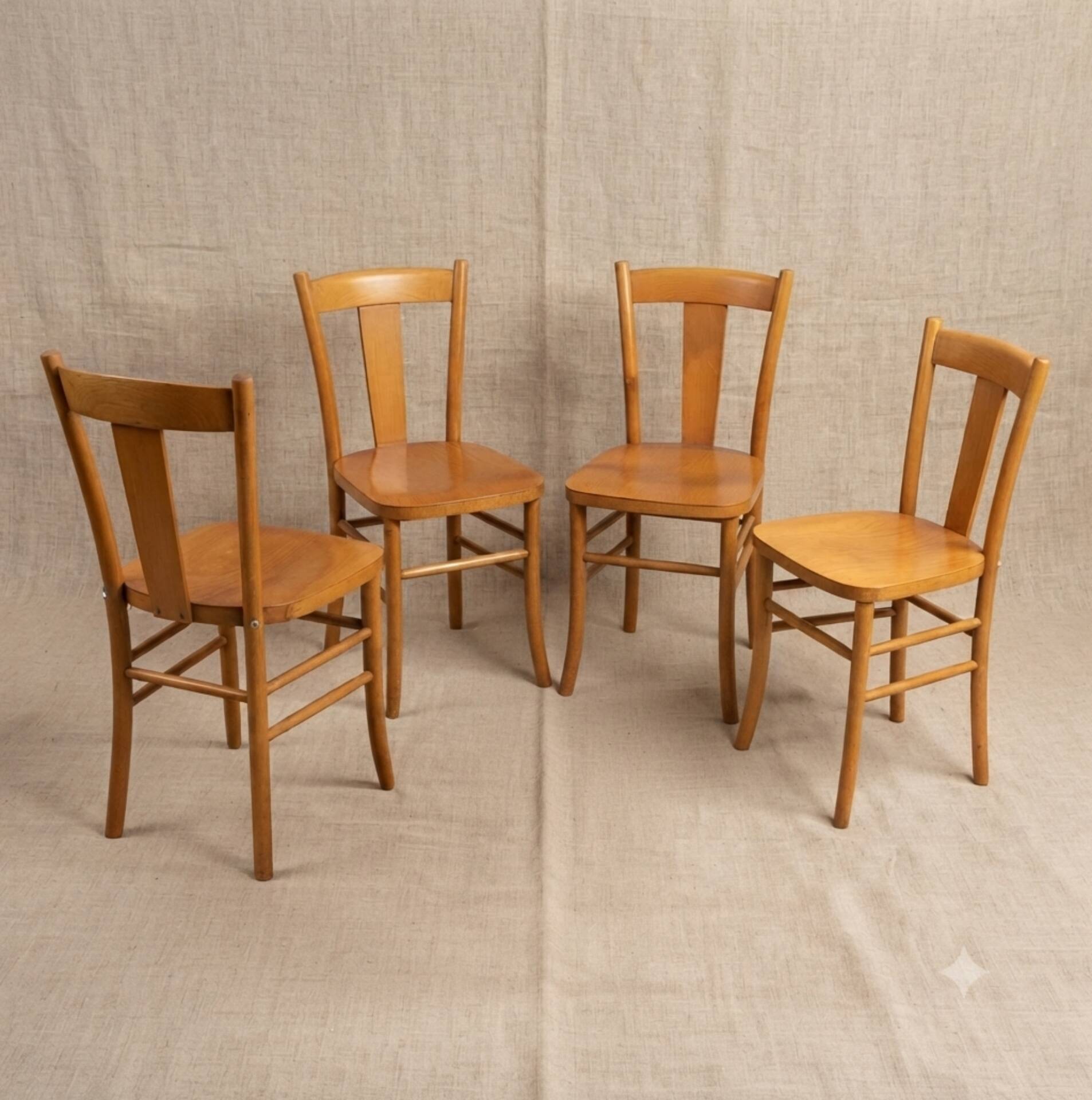 4 vintage bistro chairs from the 1950s in raw wood