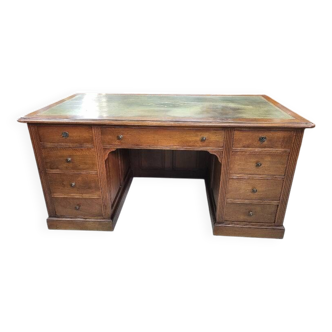 Bureau plat a 9 tiroirs en noyer plateau cuir