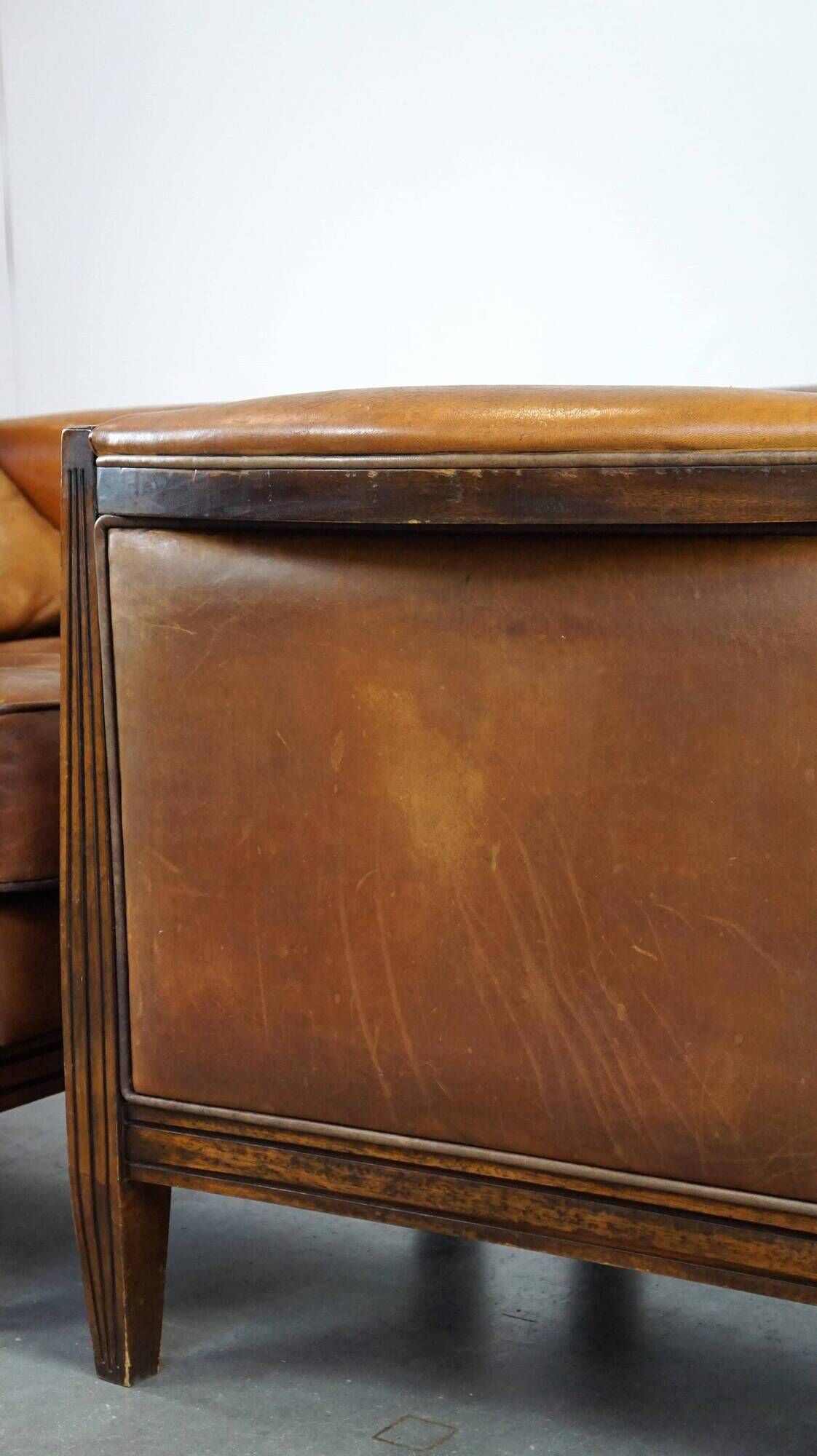 Vintage Art Deco Sheepskin High Back Armchair Set with Wood Finish