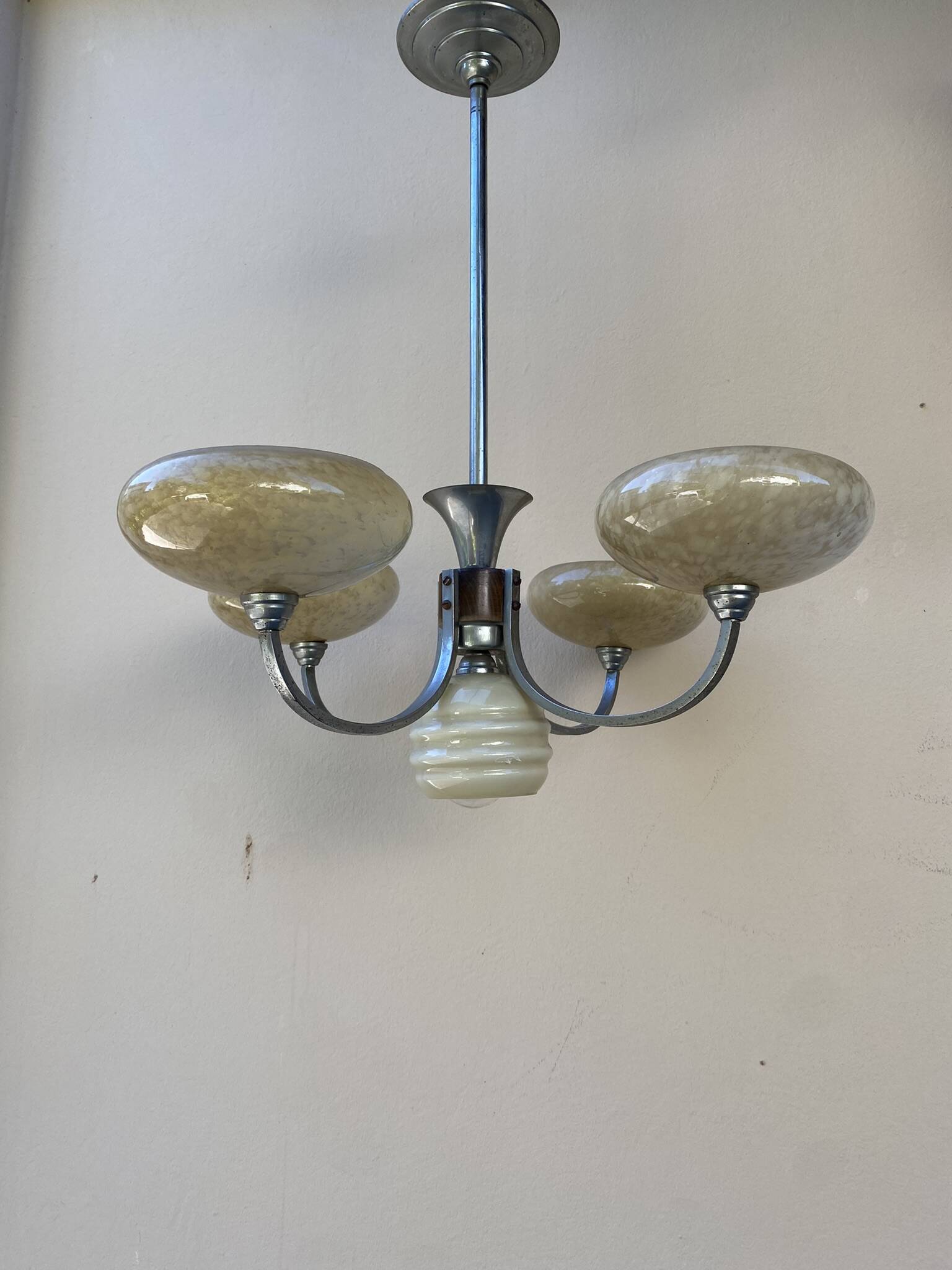 Art Deco opaline wood and metal chandelier