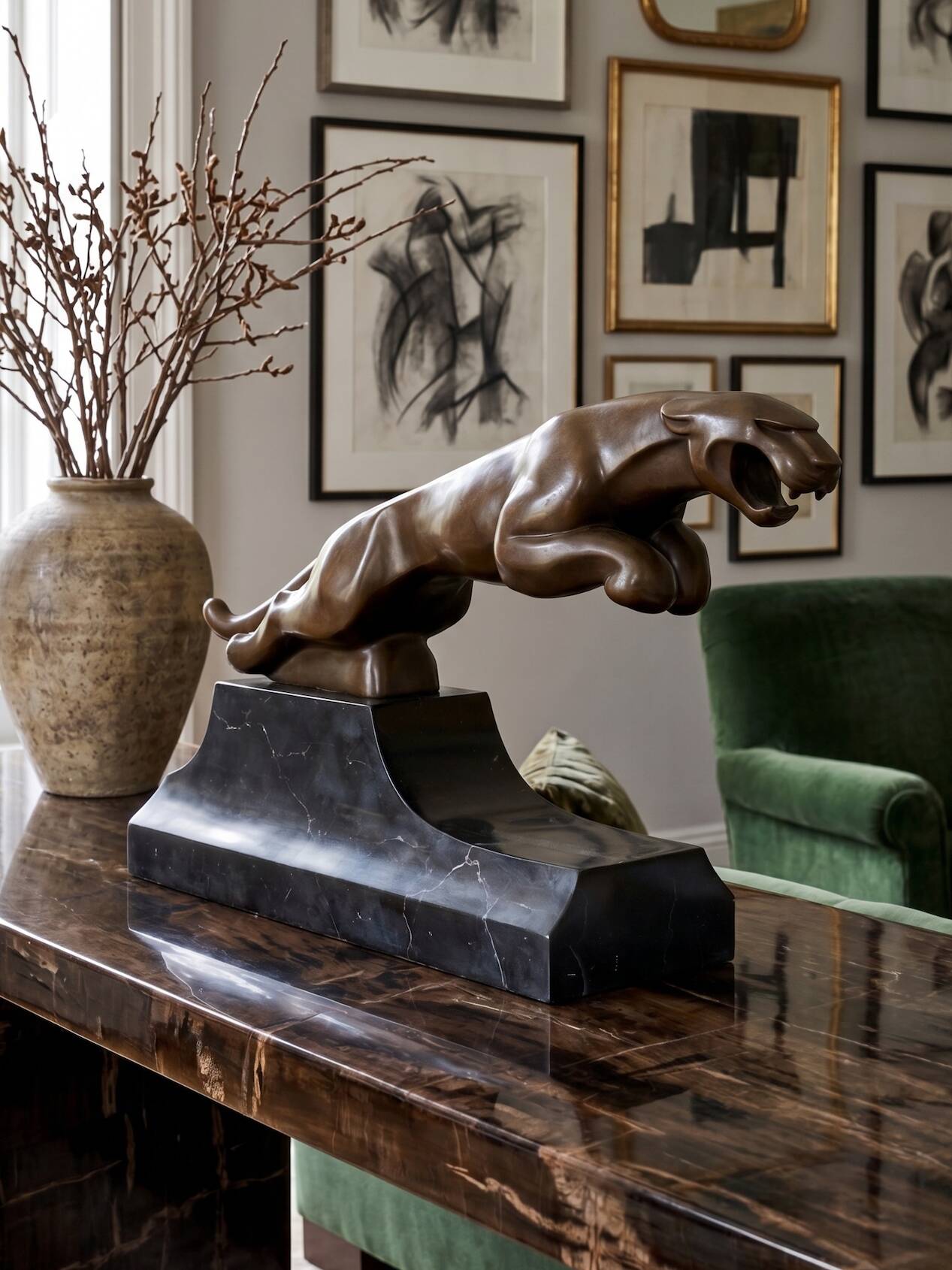 Large Art Deco bronze patinated Jaguar sculpture on an architectural base.