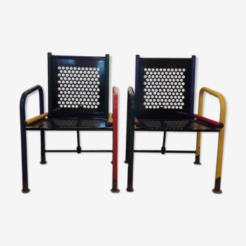 Pair of Cubist metal chairs, France 1950's.