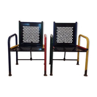 Pair of Cubist metal chairs, France 1950's.