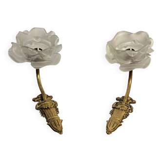 Pair of bronze and tulip glass wall lights
