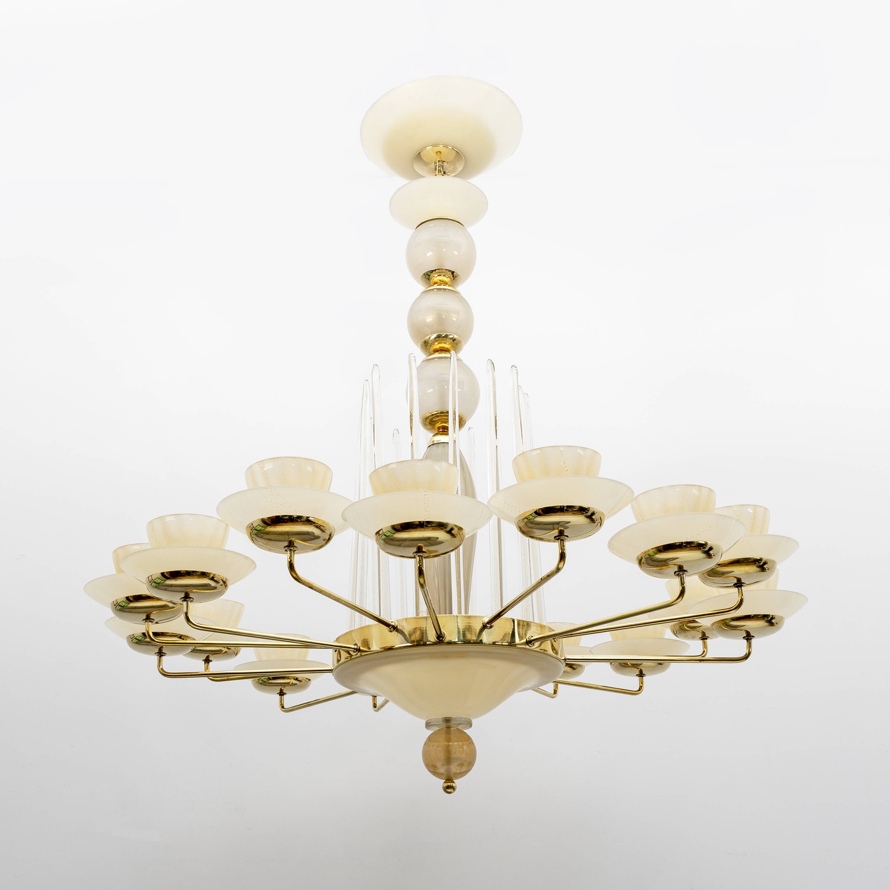 Mid Century Modern Style Brass and Murano Glass Big Chandelier