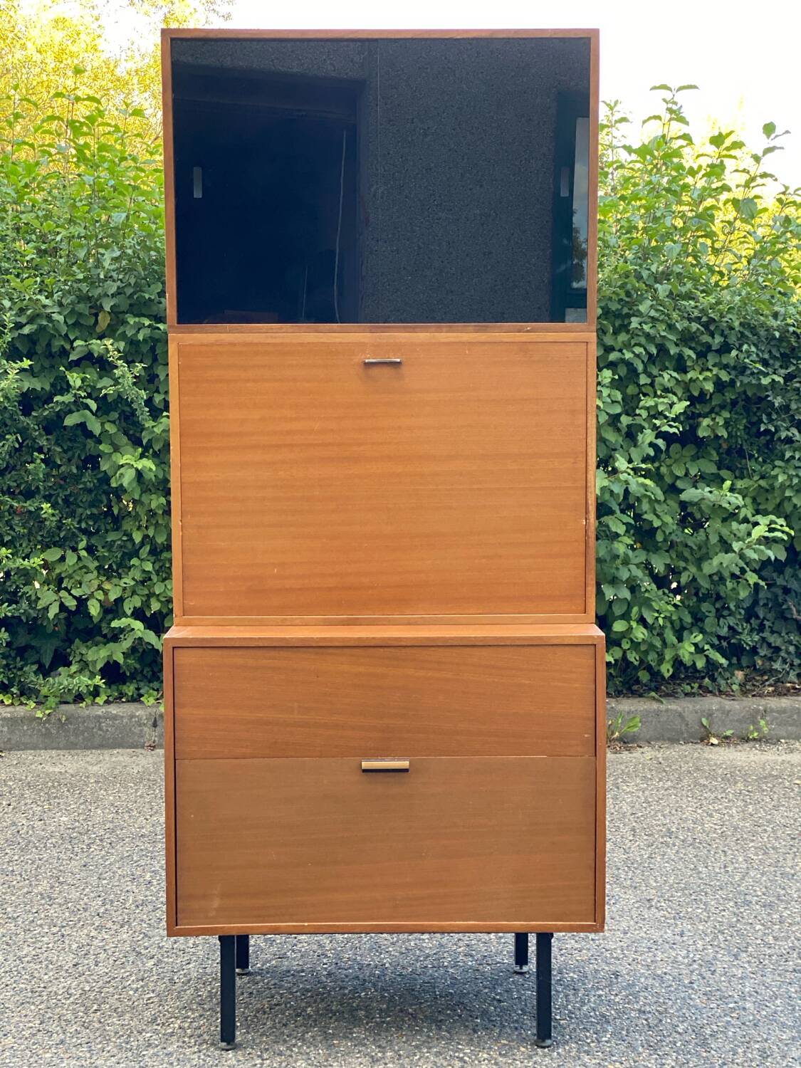 Vintage 1950s smoked glass secretary cabinet