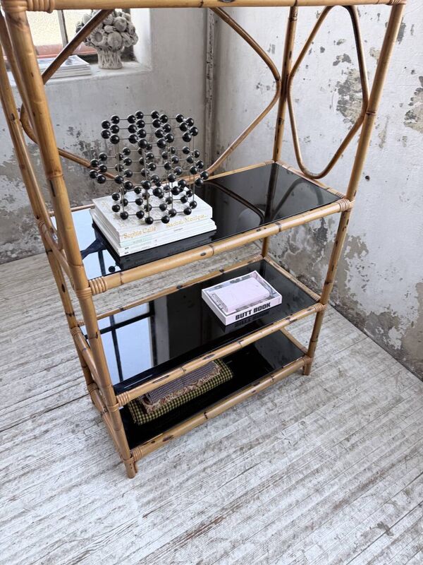 Bibliothèque étagère rotin et verres noirs