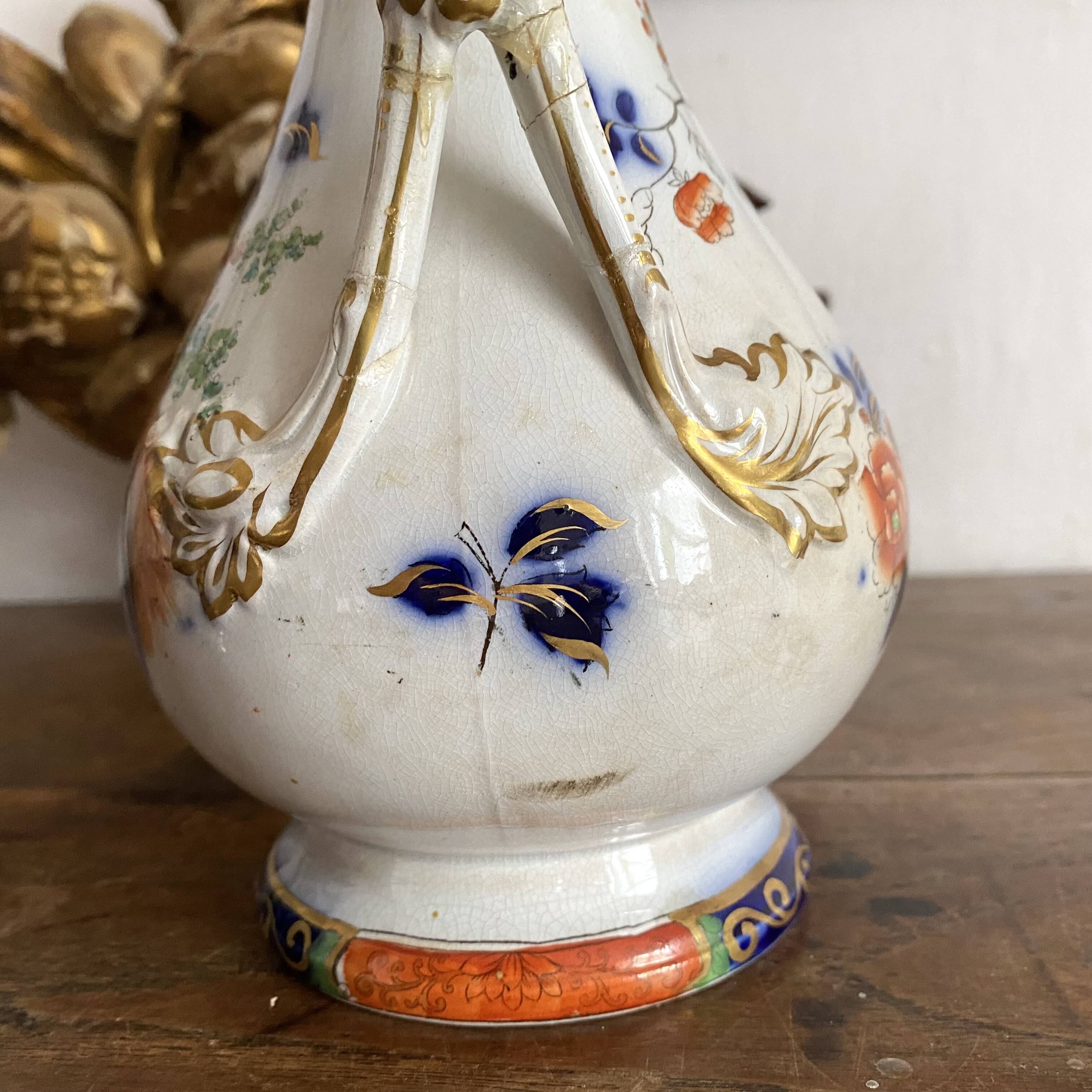 Antique polychrome porcelain jug, Orientalist decoration.