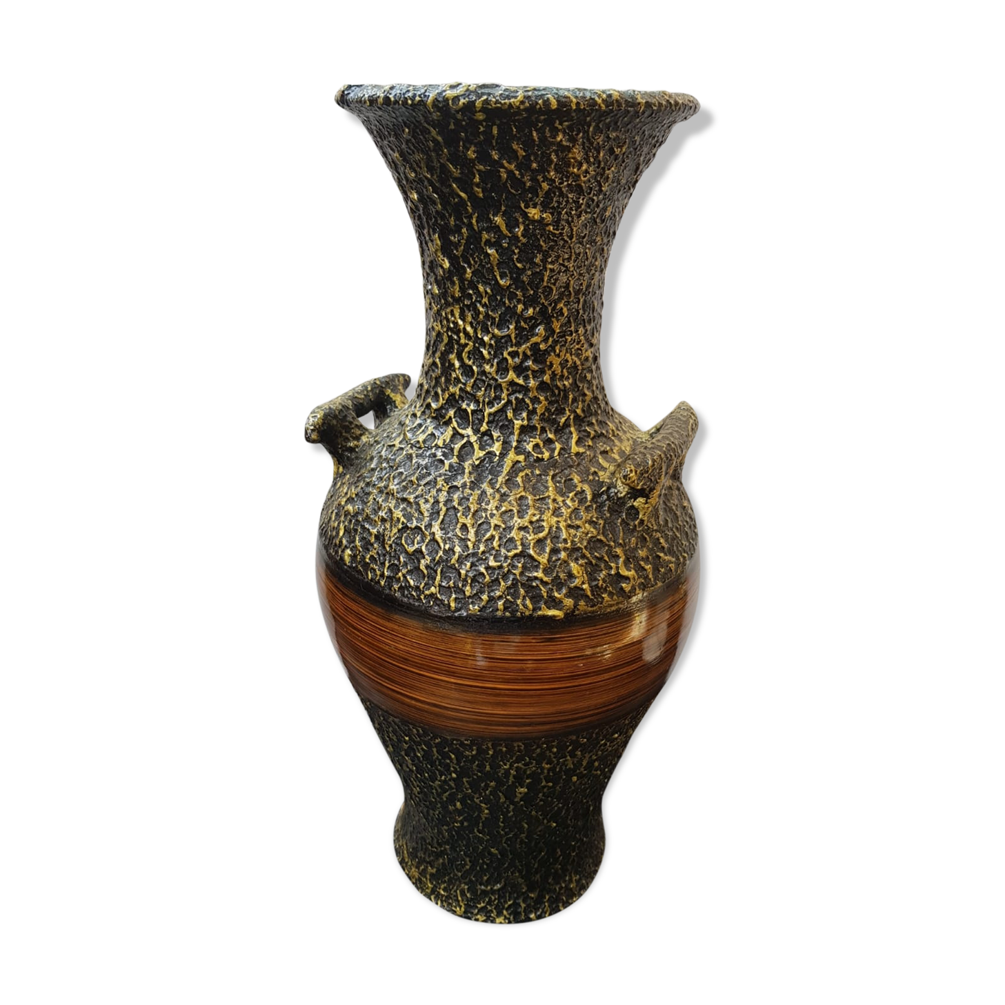 Vase large model black ceramic gold & brown vintage wood imitation