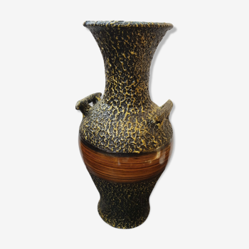 Vase grand modèle céramique noire dorée & marron imitation bois vintage