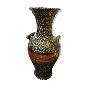 Vase grand modèle céramique noire dorée & marron imitation bois vintage