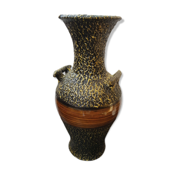 Vase large model black ceramic gold & brown vintage wood imitation