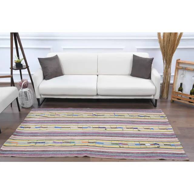 Vintage Turkish Oushak Handmade Wool Cotton Beige Kilim Area Rug 129x210