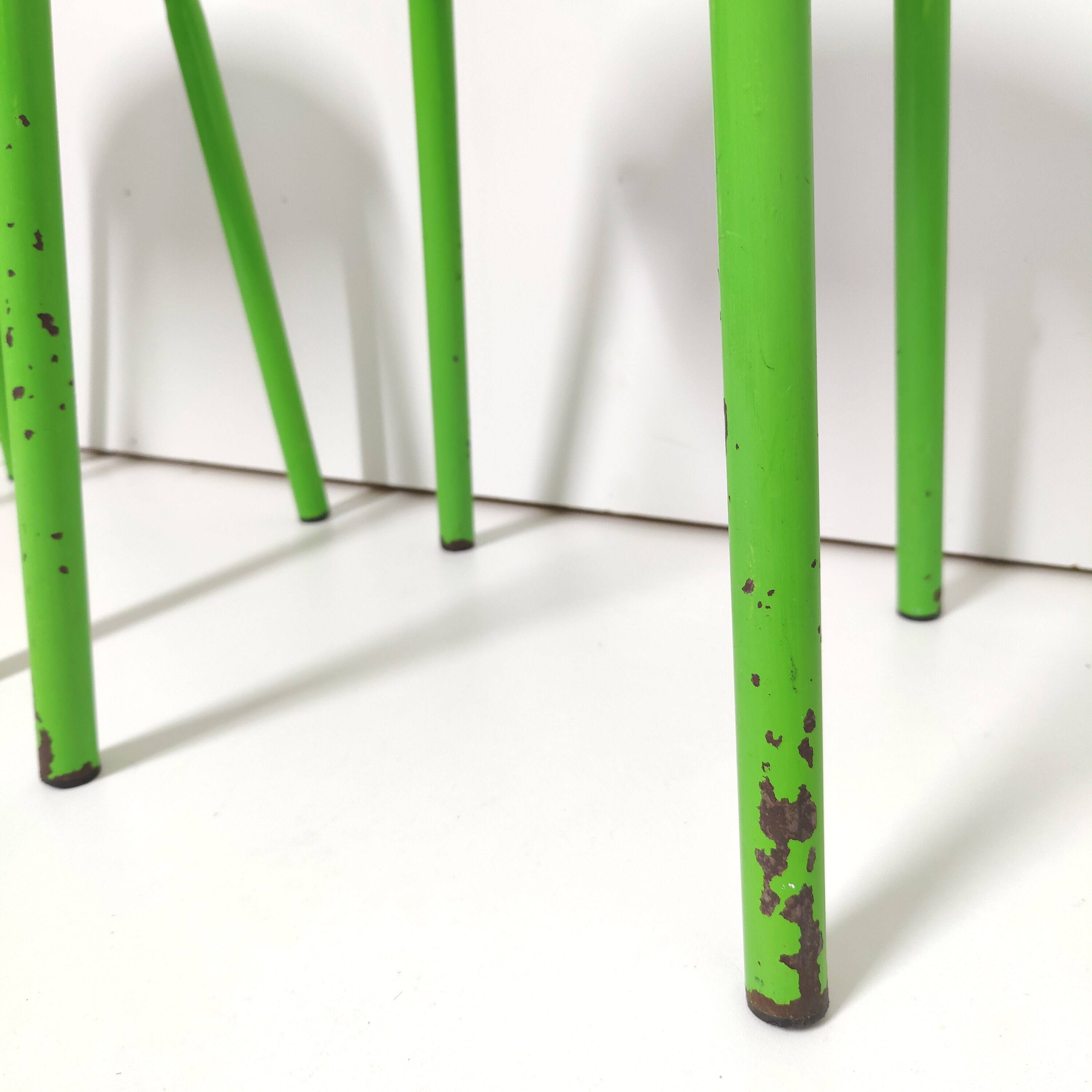 Set of 2 vintage green metal and wood stools