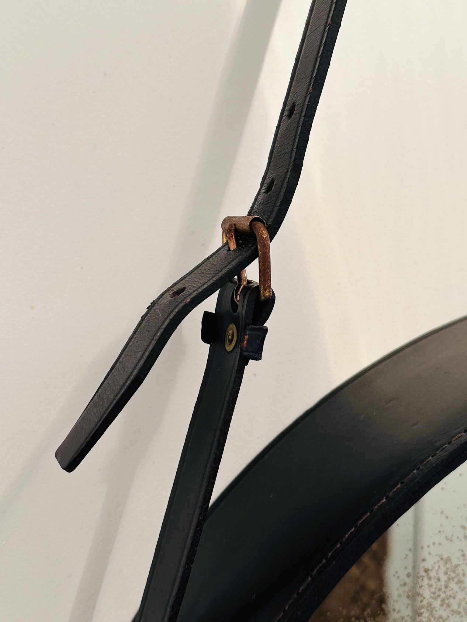 Jacques Adnet circular leather and brass mirror