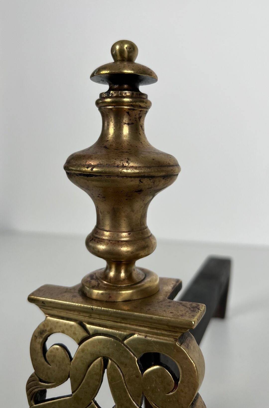 Pair of Chiselled Bronze and Wrought Iron Chenets in Louis XV Style