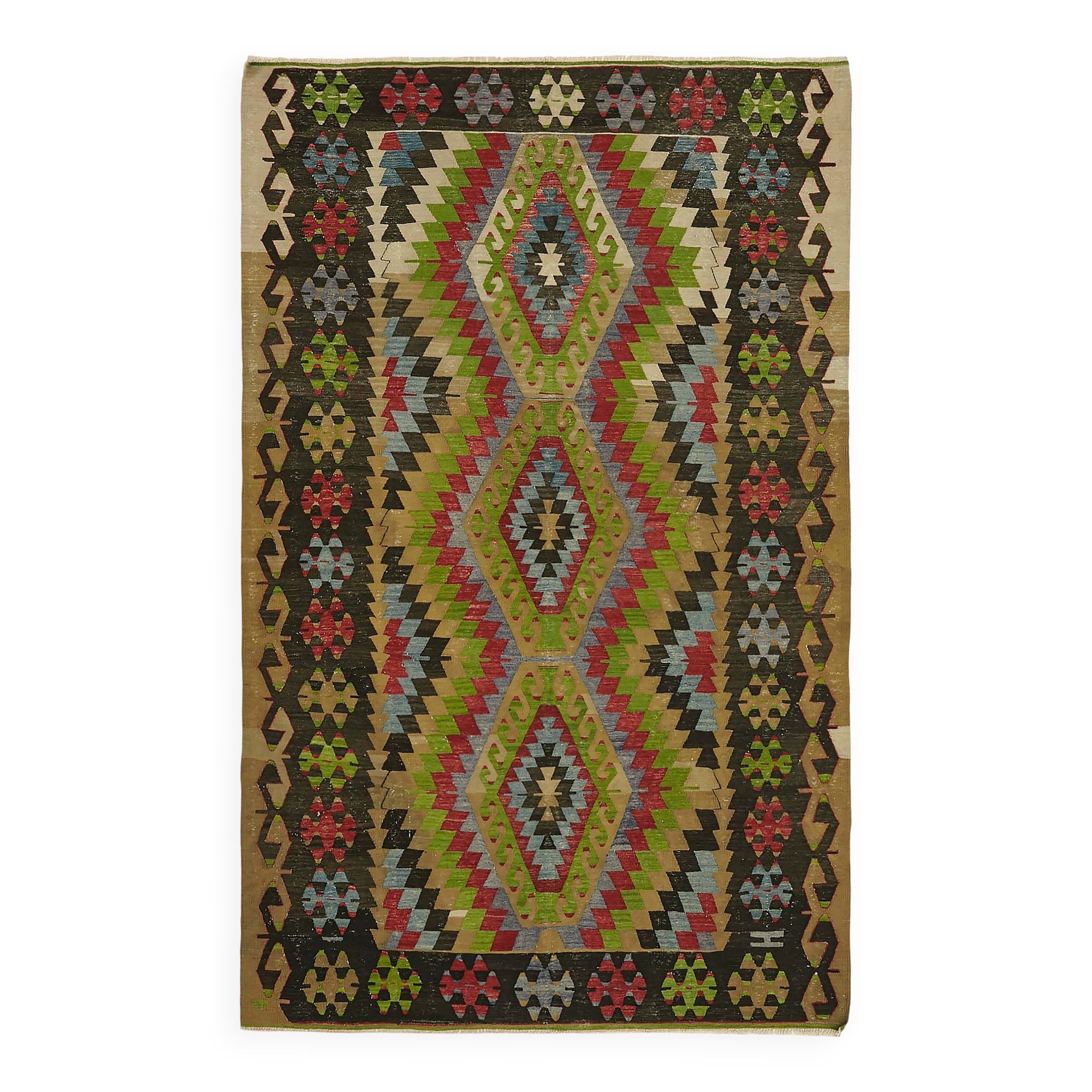 Turkish Handmade Vintage Anatolian Kilim 190 cm x 292 cm