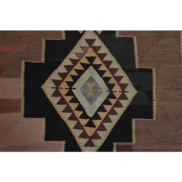 70's Brown Turkish Oushak Handmade Wool Geometric Motif Runner Rug 123x293