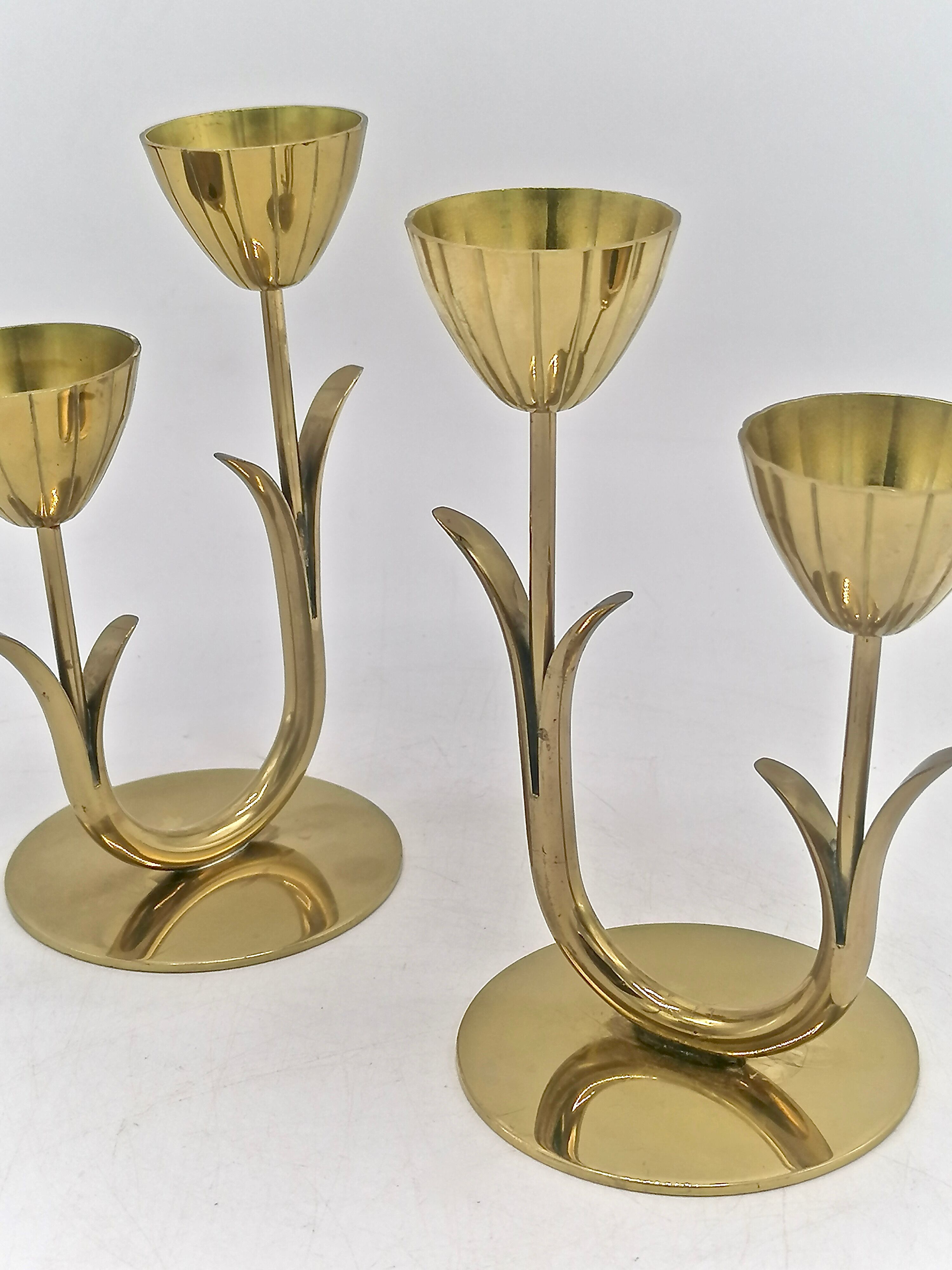 Pair of brass flower candlesticks, Gunnar Ander, Sweden 1960