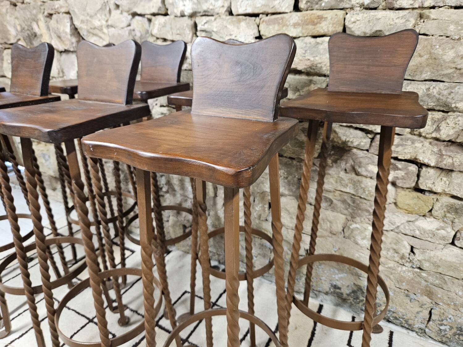 Set of 8 brutalist wrought iron bar stools 1970"