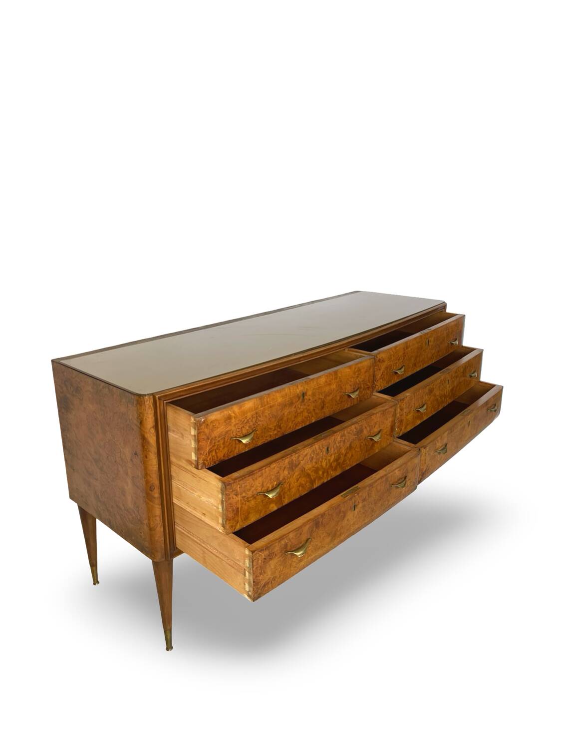 Veneered burl walnut chest of drawers with light warm brown glass top