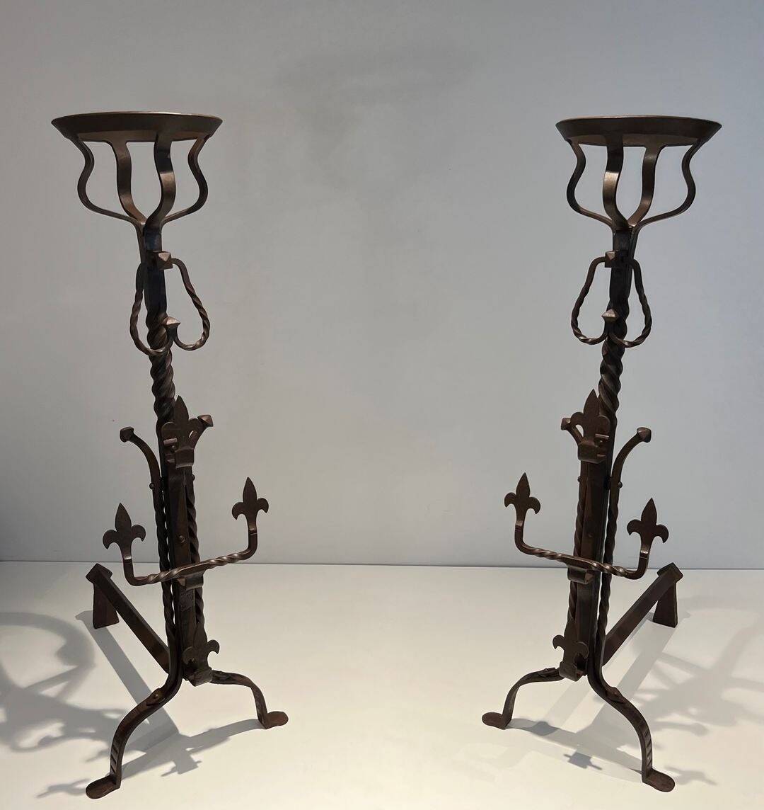 Important Pair of Gothic Wrought Iron Andirons with Fleur-de-Lis