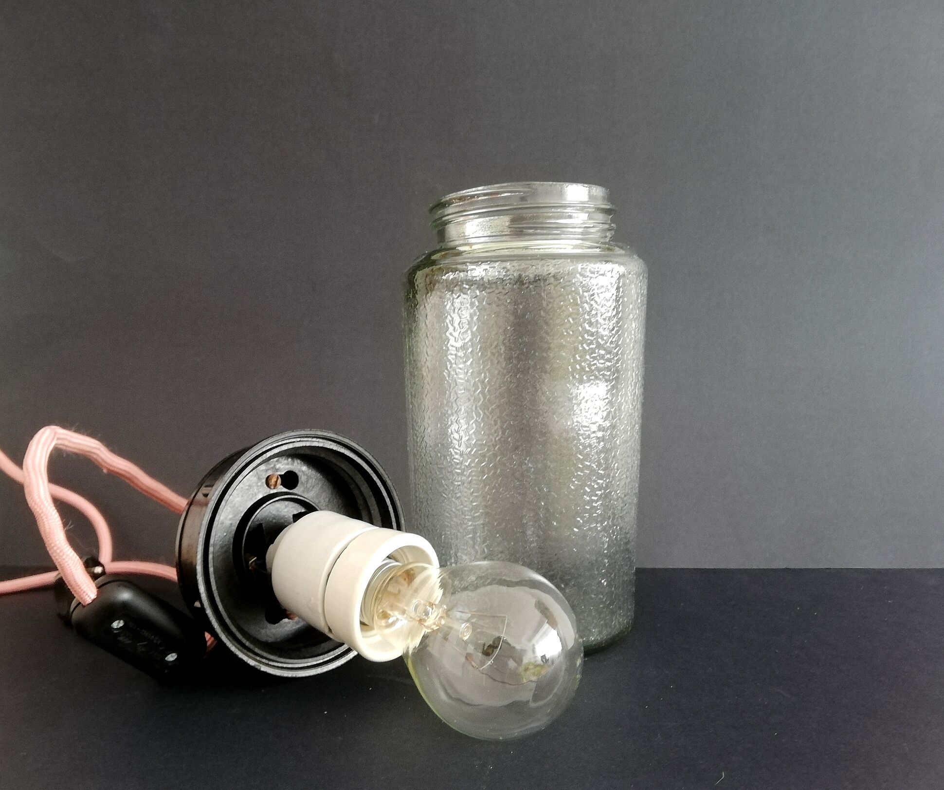 1990s Russian Soviet glass mason jar table lamp lantern Industrial