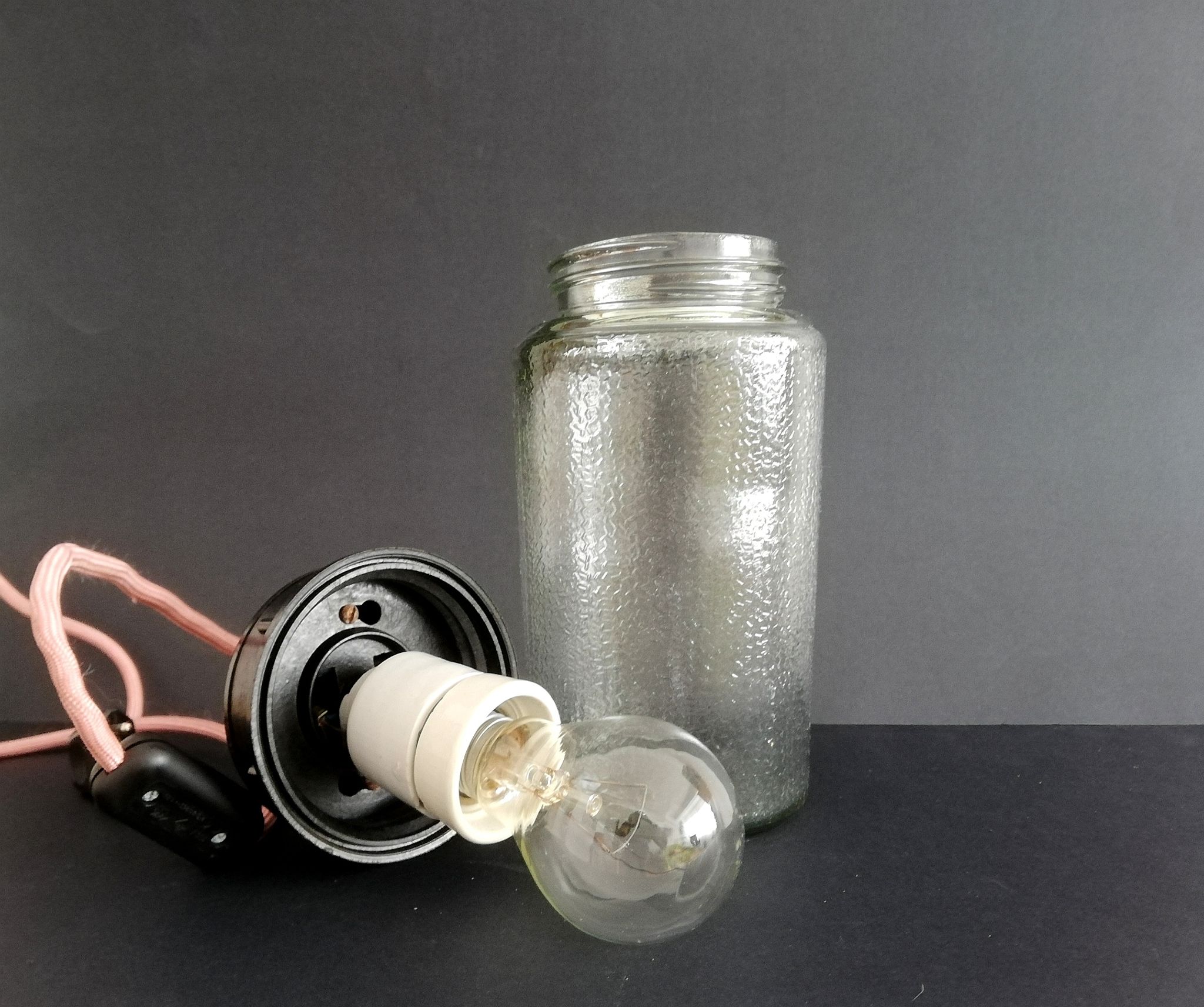 1990s Russian Soviet glass mason jar table lamp lantern Industrial