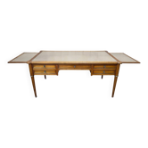 Flat desk with sliding shelves – Louis XVI style – Mahogany, leather and lace