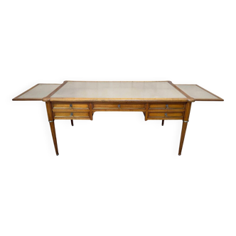 Flat desk with sliding shelves – Louis XVI style – Mahogany, leather and lace