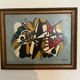 Peinture géométrique abstraite – Signée – Huile sur panneau avec cadre vintage