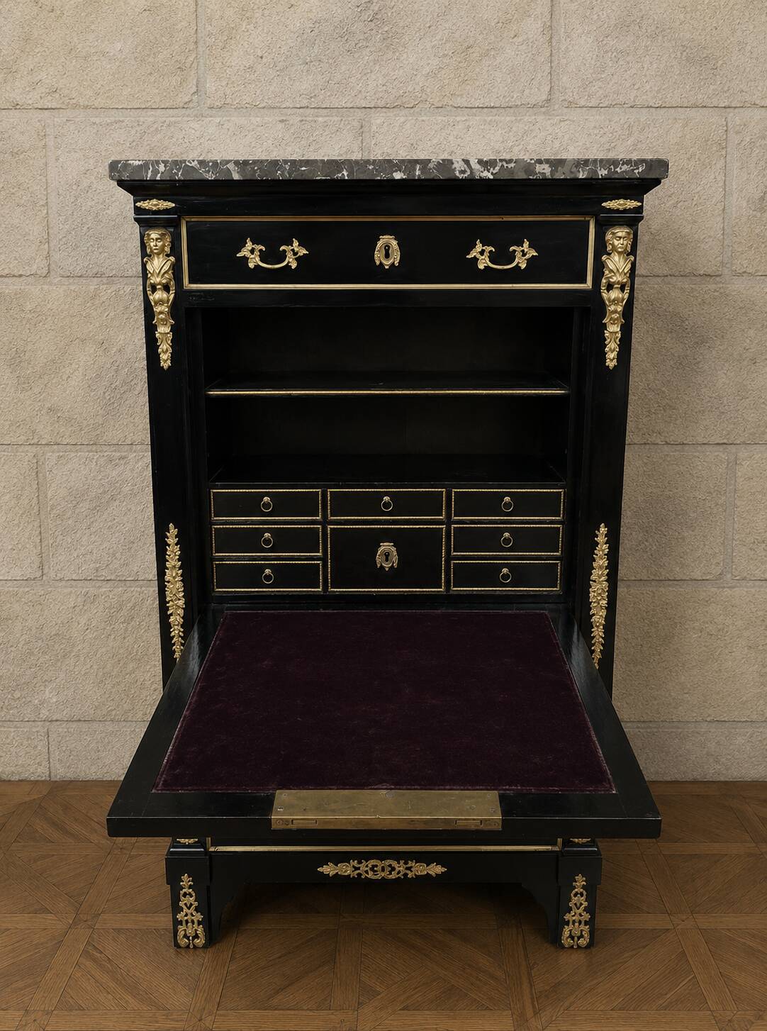 Secretary with a black lacquered drop-leaf and gilded bronzes – Boulle style