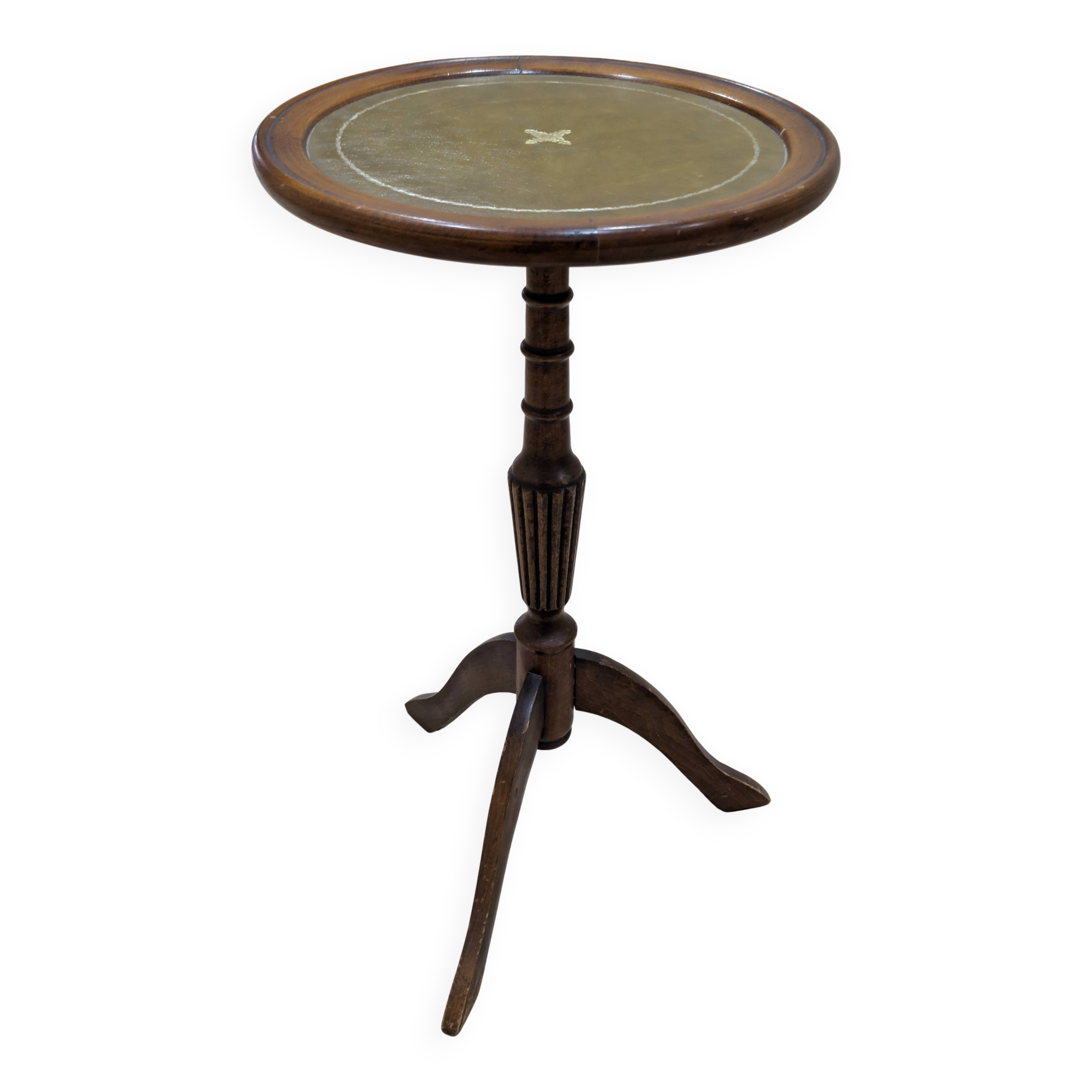 English style gueridon in wood – top covered with green/gold leather